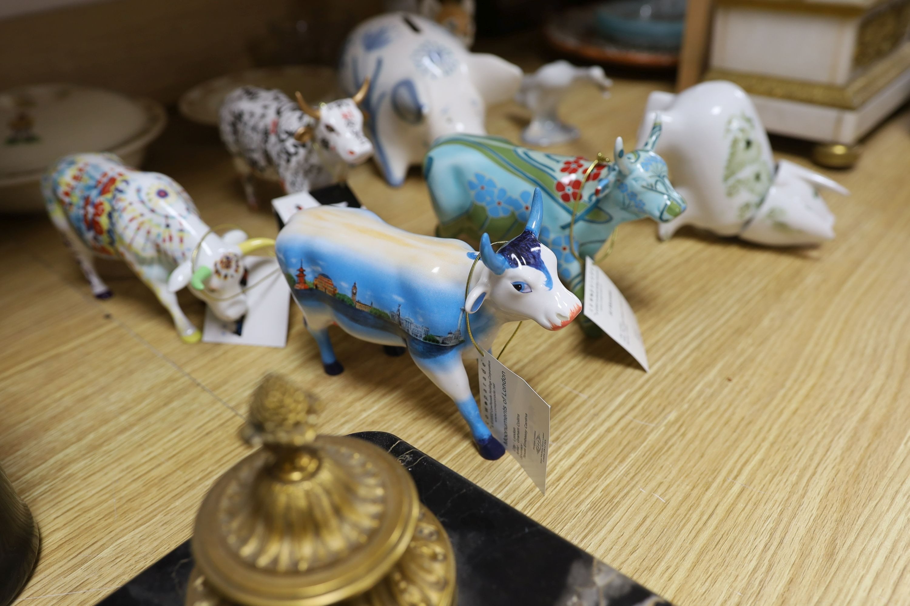 A Rye pottery pig money box and sundry china including Lladro and Bunnykins